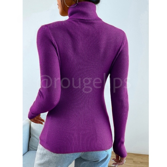 Purple Sweater Top Rib-Knit High Neck Turtleneck Long Sleeve - Picture 4 of 9